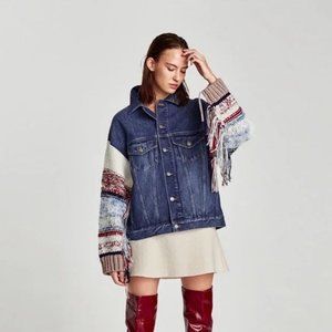 Zara Woman Knit Sleeve Fringed Denim Jacket Size Small